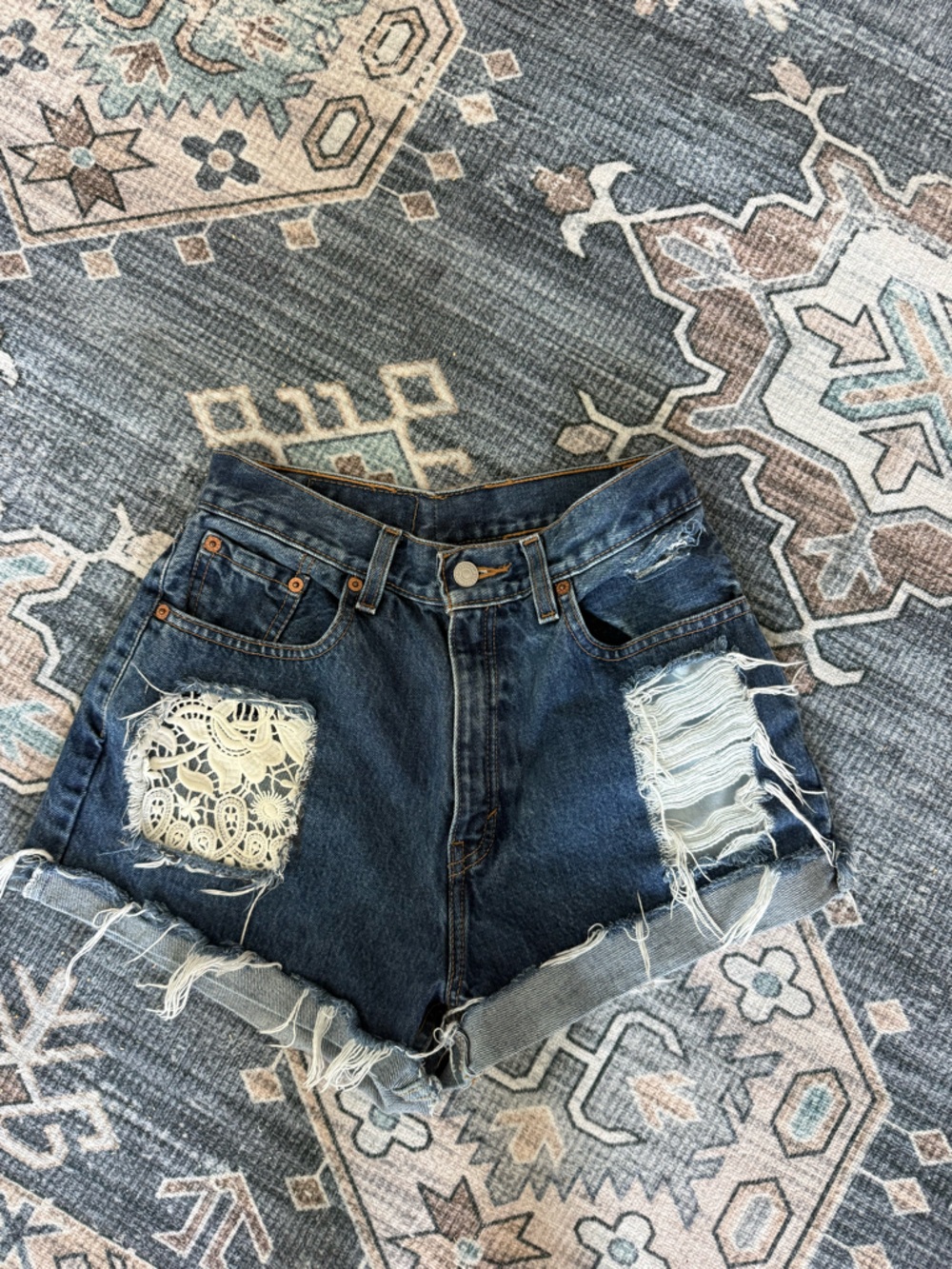 Levi’s Dark Blue Distressed Denim Shorts with Lace Patches